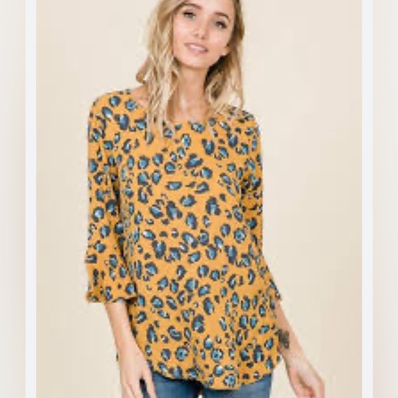 BOMBOM | Mustard Yellow, Blue Bell Sleeve Animal Print Top - Picture 2 of 6